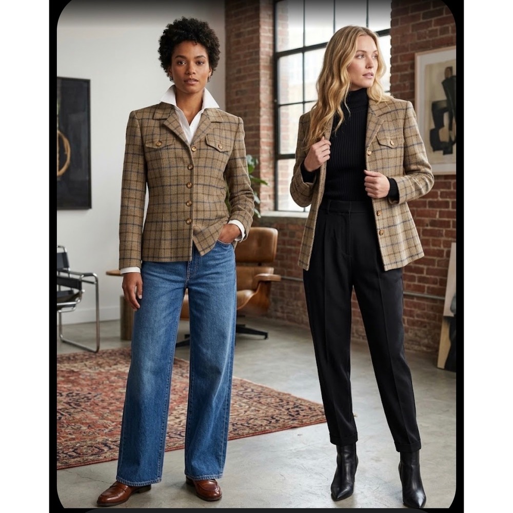 Pendleton Wool Plaid Blazer Tan Blue Button Front Tailored Jacket Size 8